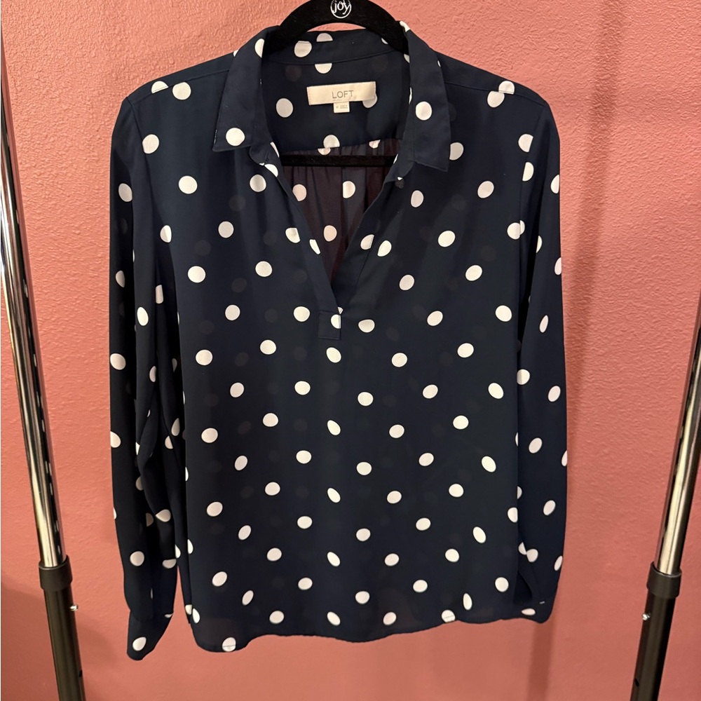 LOFT Navy Polka Dot Button-Front Blouse